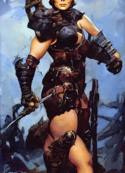 Image similar to portrait of strong female ranger, beautiful! coherent! by frank frazetta, by brom, strong line, deep color, leather armor, short buzzed hair, high contrast