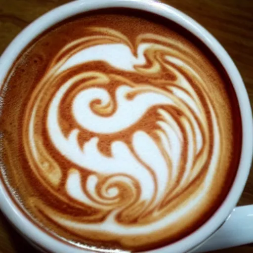 Prompt: photo, latte art of cheeky asian dragon breathing fire, award winning, white background, deviantart, beautiful, intricate, highly detailed