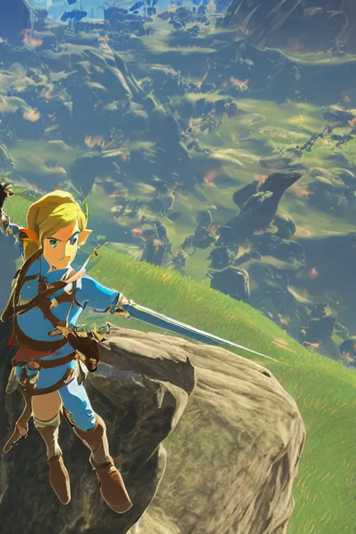 Image similar to in game footage of link from the legend of zelda breath of the wild climbing using magnesis, breath of the wild art style.