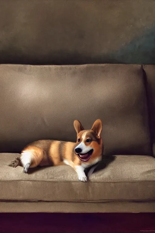 Prompt: a photo of a corgi laying on back on a couch, snarling, about to bite, oil on canvas, intricate, portrait, 8k highly professionally detailed, HDR, CGsociety