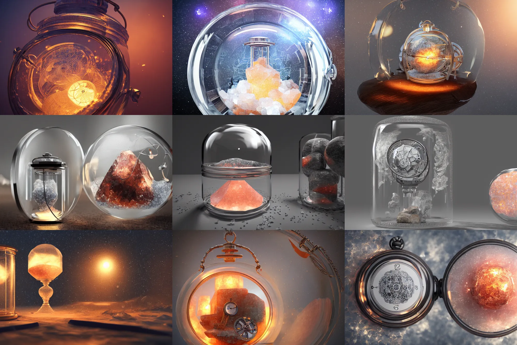 Prompt: pocketwatch planisphere inside a glass jar, hourglass, himalayan rocksalt lamp, intricate detail, volumetric lighting, epic composition, hyper detailed, ultra realistic, sharp focus, octane render, volumetric, ray tracing,, sense of awe, swirling mist, 4 k