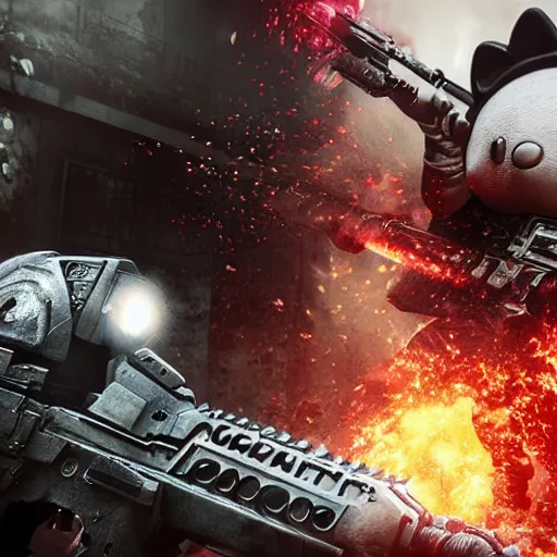 Image similar to hello kitty in gears of war, splash art, movie still, detailed face, cinematic lighting, colour, dramatic, octane render, long lens, shallow depth of field, bokeh, anamorphic lens flare, 8 k, hyper detailed, 3 5 mm film grain