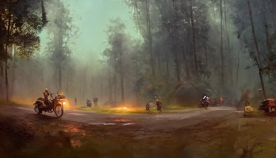 Image similar to a british officer driving a motorcycle alone in 1921 in kerala forest road, local people chasing to attack, furious action scene, chase, an epic fantasy, dramatic lighting, cinematic, establishing shot, extremely high detail, photorealistic, cinematic lighting, artstation, by simon stalenhag, horizon forbidden west