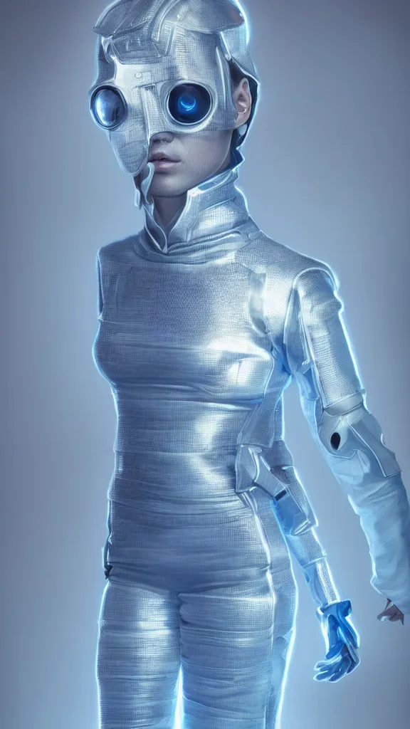 Prompt: full body shot of young punk woman dressed in futuristic cyberpunk clothing, soft blue light, by rineke dijkstra and artgerm, intricate details, highly detailed, masterpiece, 8 5 mm