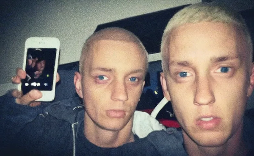 Image similar to my uncle that look like eminem if he was poor asf accidentally taking a selfie, front camera, camera flash is so bright in his face, viral, selfie, viral on twitter, viral on instagram, viral photo