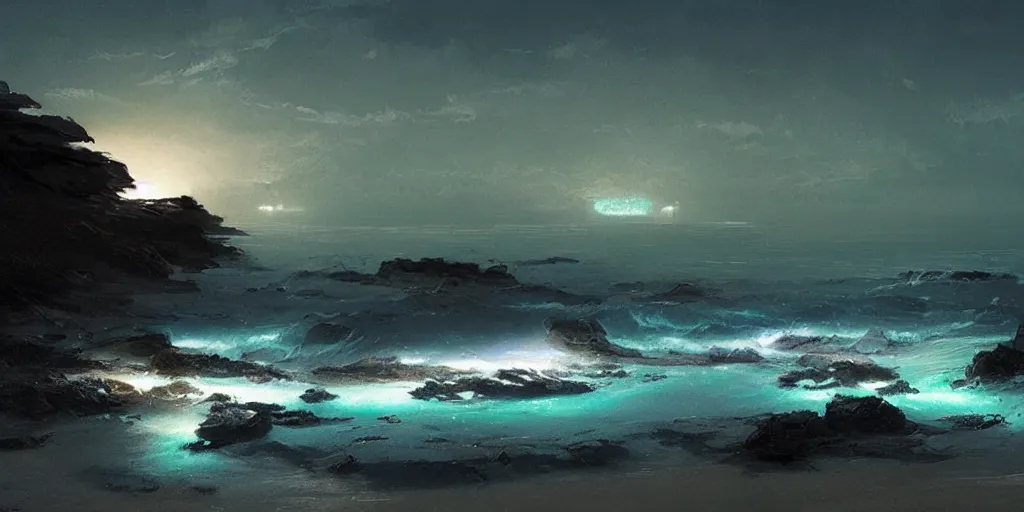 Prompt: bioluminescent!!!! ocean with pristine beach by night, greg rutkowski, 8 k, shallow depth of field, intricate detail, concept art,