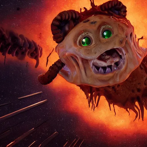 Image similar to one eldritch horror bloody garfield in space, galaxy, hd, 8 k, cinema footage, giant, epic, realistic photo, unreal engine, stars, prophecy, powerful, cinematic lighting, destroyed planet, debris, violent, sinister, ray tracing, dynamic, print, epic composition, dark, horrific, teeth, grotesque