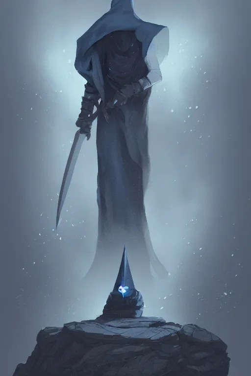 Prompt: A full body portrait of a mysterious sorcerer with a very long hooded grey and blue cloak standing by the sword in the stone by Maciej Kuciara and Jason Chan, ominous, cosmic horror, trending on artstation, Ultra detailed, hyper realistic 4k