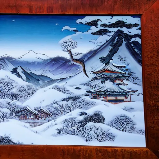 Prompt: photo realistic landscape of a Japanese village in the mountains, snow peaks. Dragon flying by