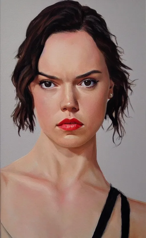 Prompt: A sexy Daisy Ridley painting with a piercing gaze, vibrant