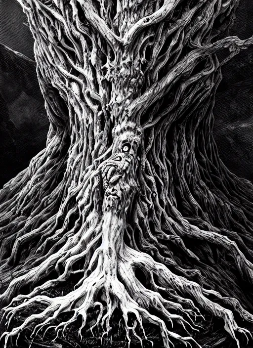 Image similar to close up portrait of a monster tree in the scary mountains of hell, oil painting by tomasz jedruszek and nicolas delort, cinematic lighting, pen and ink, intricate line, hd, 4 k, million of likes, trending on artstation