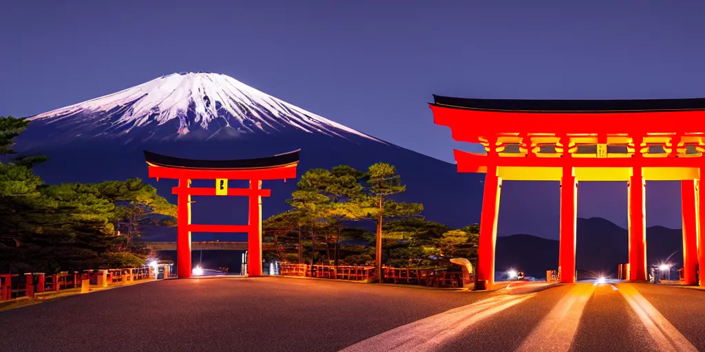 Image similar to A night photo of a american yellow school bus entering a Red Japanese Torii gate at Mount Fuji location in Japan, time travel, 4K, global illumination, ray tracing