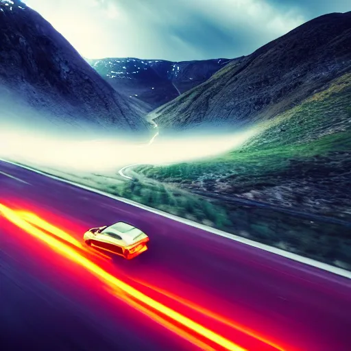 Image similar to black pontiac firebird trans - am driving towards the camera, huge spider creature in the background, norway mountains, valley, lake, dynamic, cinematic, motionblur, volumetric lighting, wide shot, low angle, red glow in sky, large lightning storm