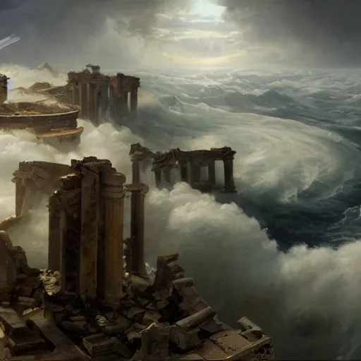 Prompt: Panorama view of a hurricane lifting the ruins of an ancient city into a sea of clouds with a gigantic snail in the background, oil painting, by Greg Rutkowski