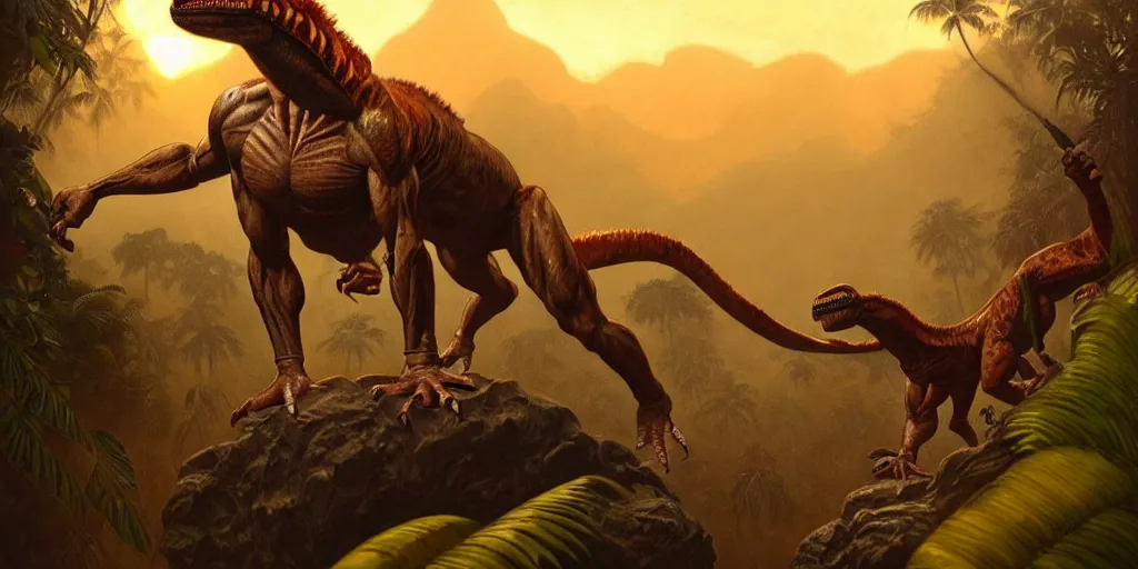Prompt: a muscular caveman, heroic pose, with a velociraptor, in the jungle, sunset, volumetric light,, eerie, highly detailed, digital painting, artstation, concept art, matte, sharp focus, illustration, art by artgerm and greg rutkowski and alphonse mucha