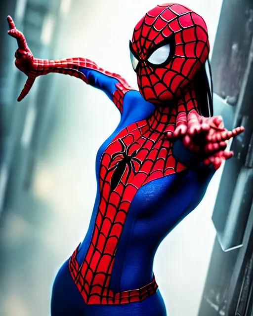 Image similar to portrait Anime spiderman cosplay girl cute-fine-face, pretty face, realistic shaded Perfect face, fine details. Anime. realistic shaded lighting by katsuhiro otomo ghost-in-the-shell, magali villeneuve, artgerm, rutkowski Jeremy Lipkin and Giuseppe Dangelico Pino and Michael Garmash and Rob Rey