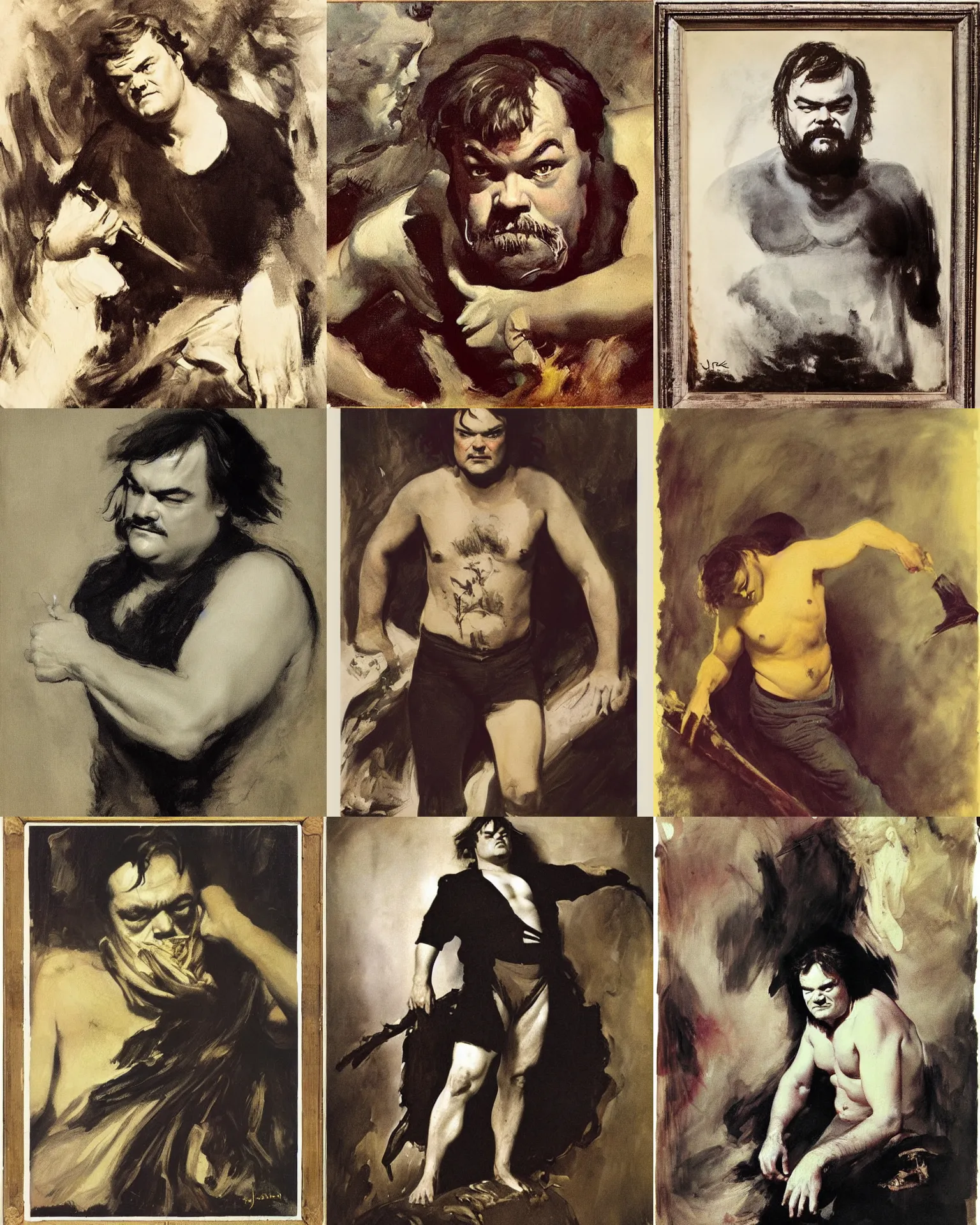 Prompt: jack black, portrait painting by john singer sargent, frank frazetta, edmund dulac, fans hals, jackson pollock, fashion photography, dore