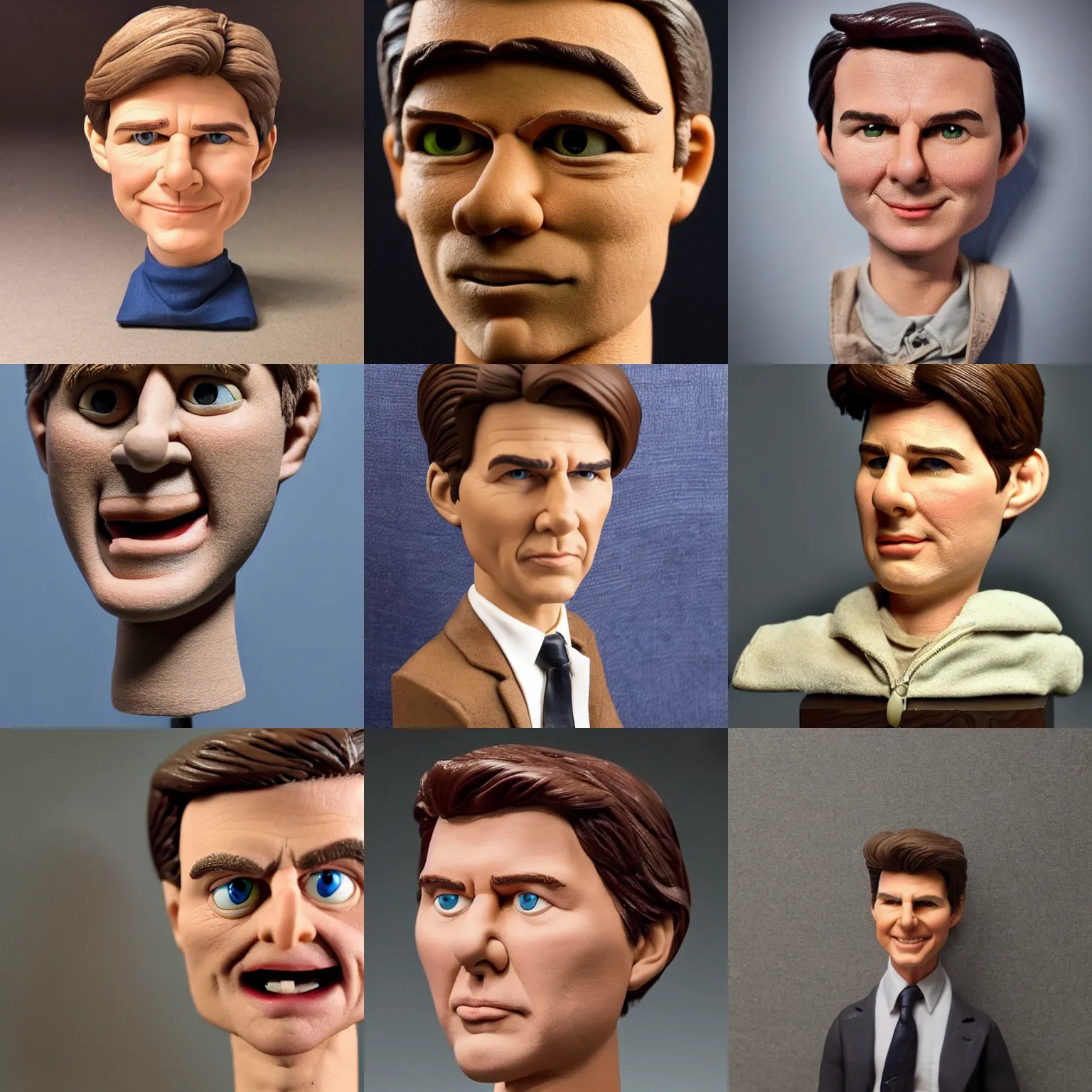 Prompt: extremely realistic!!! smooth specular clay! extremely close smooth specular sculpted headshot of tom cruise clay puppet , soft light dull mood, low saturation, on wooden table. style: claymation puppet kids clay ,by will vinton ,by guldies