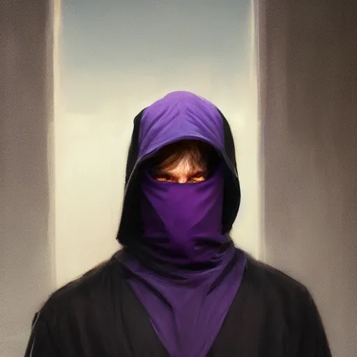 Image similar to ultra realistic illustration, man in a black hood, in a striped purple balaclava, mysterious, highly detailed, digital painting, artstation, concept art, smooth, sharp focus, illustration, art by artgerm and greg rutkowski and alphonse mucha