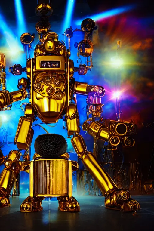 Prompt: portrait photo of a giant huge golden and blue metal humanoid steampunk robot singer with headphones and big gears and tubes, in front is a big red glowing microphone on a tripod, eyes are glowing red lightbulbs, shiny crisp finish, 3 d render, 8 k, insaneley detailed, fluorescent colors, background is multicolored lasershow