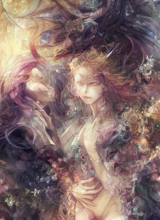 Image similar to regeneration can only be attained by two souls working in unison and harmony, baroque, rococo, dramatic, elaborate, emotive, and transcendental , painted by Yoshitaka Amano, WLOP, and CASIMIR