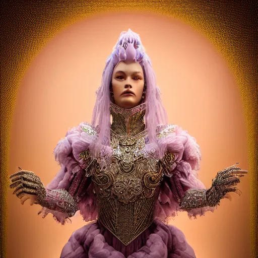 Image similar to a majestic woman wearing an intricate and detailed armor made of candy floss. layers. textures. delicate. elaborate. translucent. soft. ethereal. fragile. vulnerable. studio portrait. photorealistic. octane render