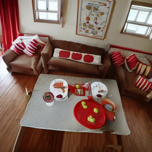 Prompt: spaghetti and meatballs shaped into a living room set