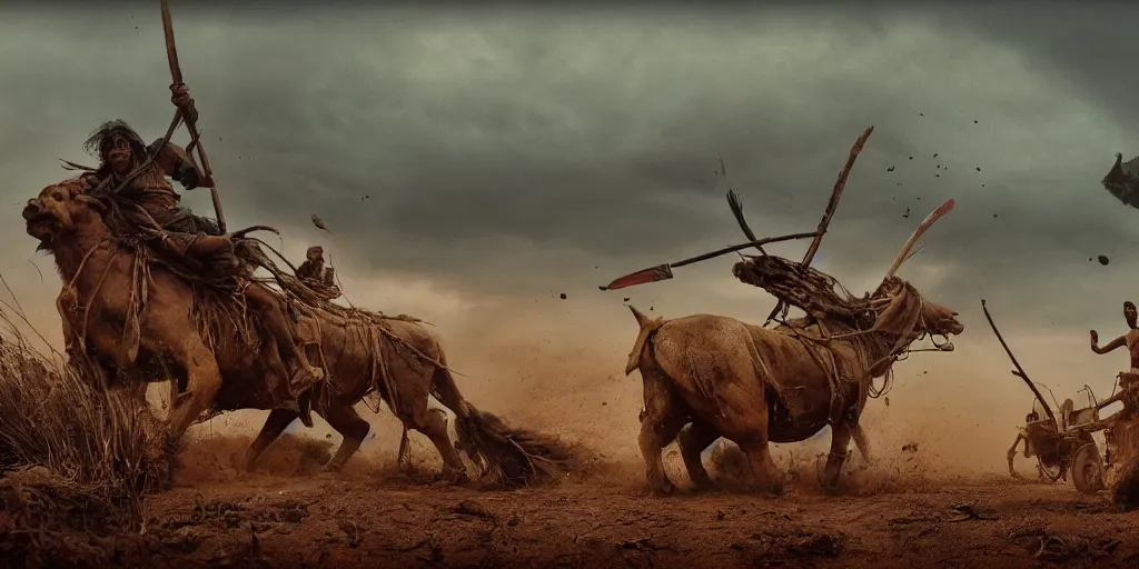 Image similar to ancient indian tribesman hunting on atv buffalo herd, wooden wheels, attacking, chase, action scene, an epic fantasy, dramatic lighting, cinematic, establishing shot, extremely high detail, photorealistic, cinematic lighting, artstation, octane render, by simon stalenhag, horizon forbidden west,old photo, high speed photography, vintage, extreme sports