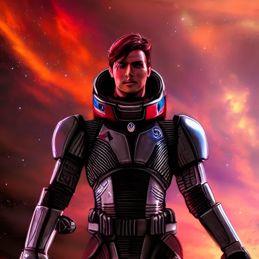 Prompt: Commander Shepard with a beautiful galaxy behind him, fantasy art,