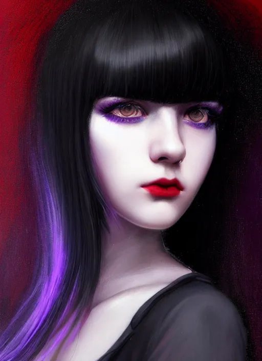 Image similar to hair blackbangs hair, white hair, blackbangswhitehair, portrait of teenage girl with black bangs, red irises, purple clothes, black bangs, bangs are white hair is black, intricate, elegant, glowing lights, highly detailed, digital painting, artstation, concept art, sharp focus, illustration, art by wlop, mars ravelo and greg rutkowski