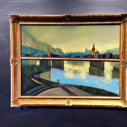 Prompt: very abstract painting of the rhine in basel, very rough brush strokes and splatters, oil on canvas, muted colors, great composition