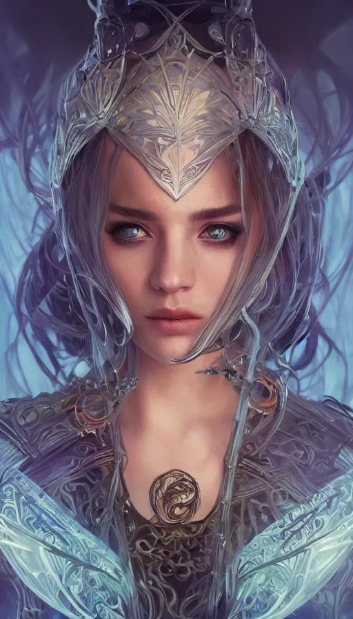 Image similar to elf queen, string character, furious gorgeous woman, lord of the rings, cyberpunk, neon, fibonacci, sweat drops, insane, intricate, highly detailed, digital painting, artstation, concept art, smooth, sharp focus, illustration, Unreal Engine 5, 8K, art by artgerm and greg rutkowski and alphonse mucha