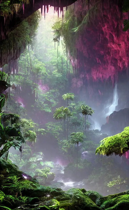 Image similar to a beautiful render of a dark prehistoric rainforest in a humongous cave, lush flora, patches of magenta sky,, sunset, floating mountains and a waterfall in the background, intricate detail, hazy, humid, volumetric lighting, 8 k, photorealistic, raytracing effects, unreal engine 5