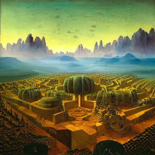 Image similar to beautiful filmed in IMAX dieselpunk painting of a beatiful scenic mountain range surrounded by grainy Zucchini hexagons, by Leonardo da Vinci and Peter Gric and Mark Rothko and Hans Andersen Brendekilde