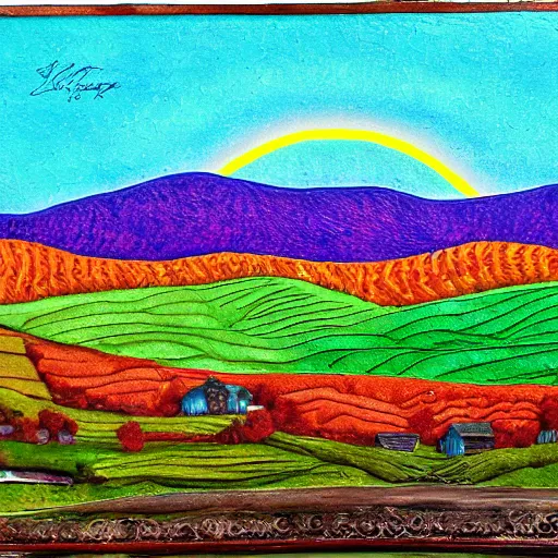 Prompt: rolling hills, appalachian folk art, mixed media, 3 d, detailed, award winning, blue, purple, red, orange, green