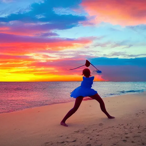 Prompt: a girl playing conga's on the beach with a colorful sunset