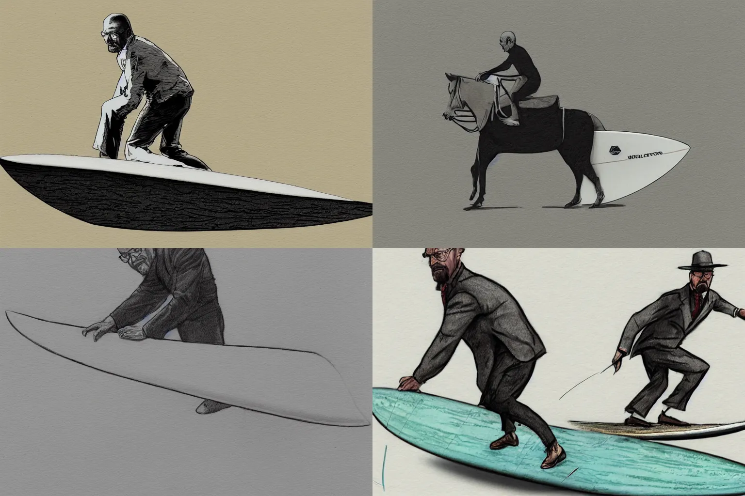 Prompt: court sketch of walter white riding a gigantic! surfboard, hd scan