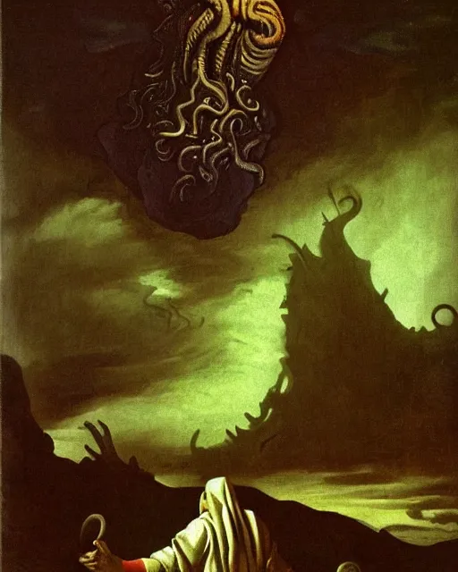 Prompt: inconceivable otherworldly massive cthulu god rising from a grim landscape, epic painting by vermeer. elder god lovecraft mythology