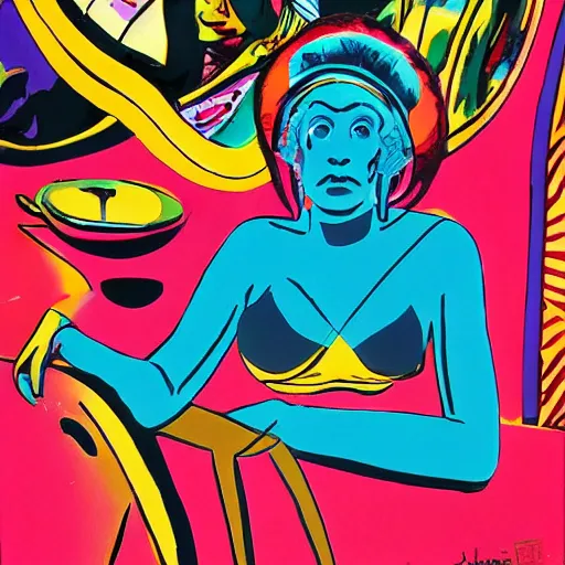 Prompt: a painting of a person sitting on a table, a silk screen by jack kirby, behance, psychedelic art, marvel comics, poster art, psychedelic