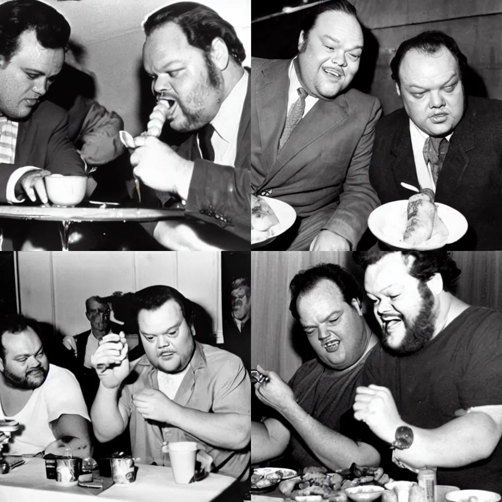 Prompt: candid photo of Marlon Brando and Orson Welles in a hot dog eating contest