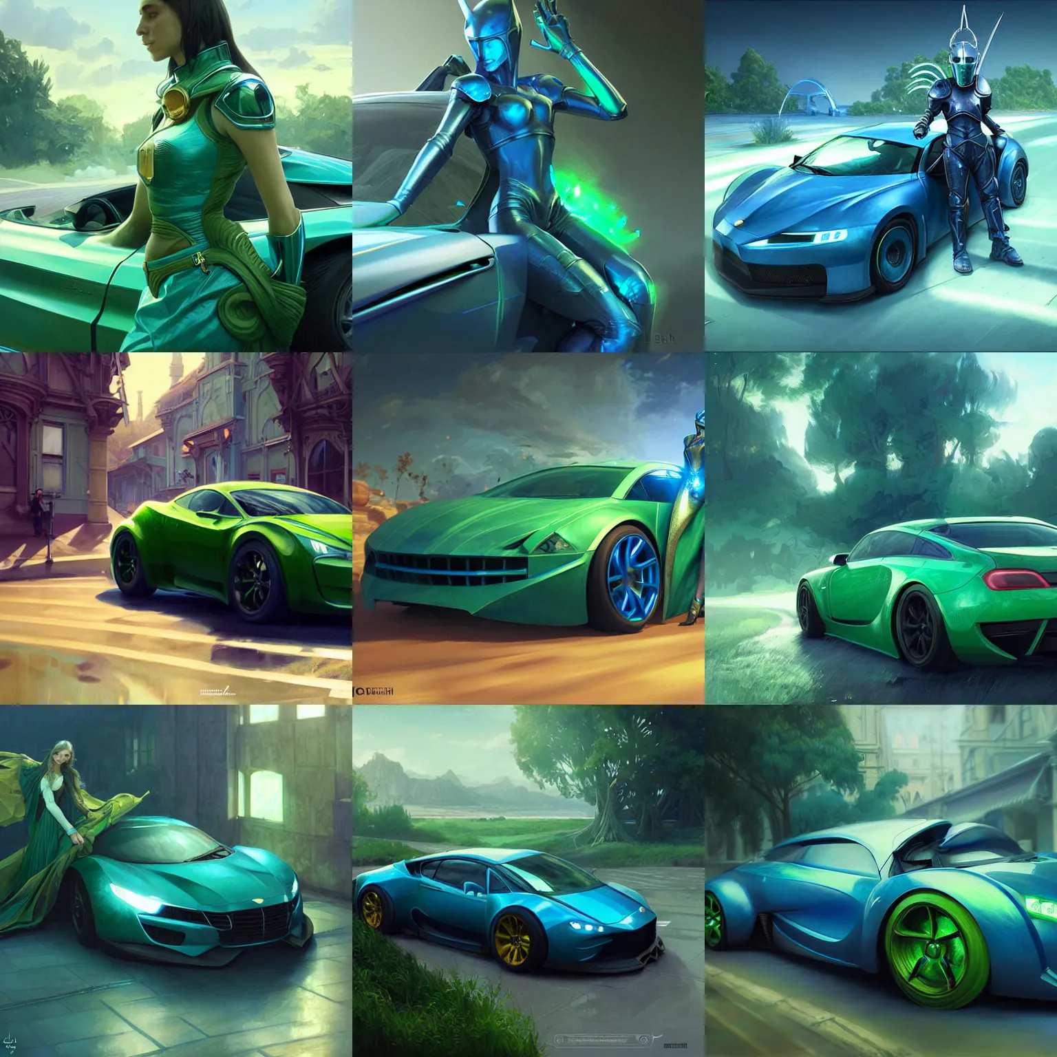 Prompt: blue knight driving green car, highly detailed, professional digital painting, Unreal Engine 5, Photorealism, HD quality, 8k resolution, cinema 4d, 3D, cinematic, professional photography, art by artgerm and greg rutkowski and alphonse mucha and loish and WLOP
