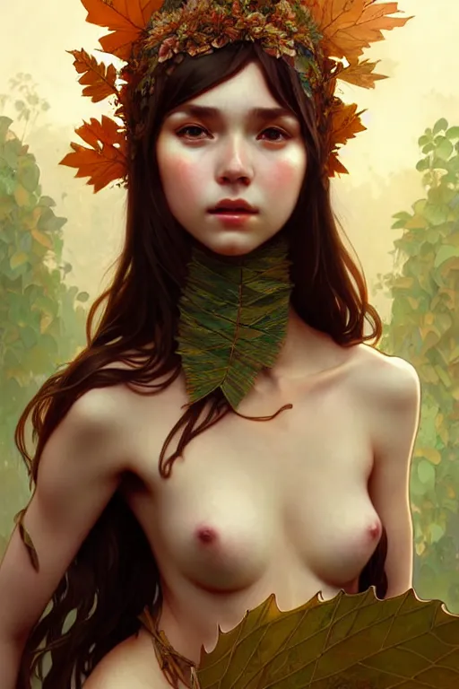 Prompt: beautiful ancient girl in makeshift leaf armor, highly detailed, digital painting, artstation, sharp focus, illustration, art by tan zi and ayanamikodon and alphonse mucha and wlop