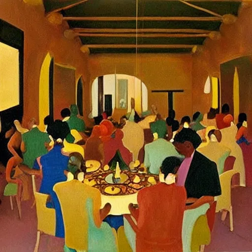 Image similar to dark skinned people eating at a regal buffet ultra detailed beautiful setting elegant event nigerian party minimalist gold ornaments iridescent lighting in the style of edward hooper and henri matisse oil painting