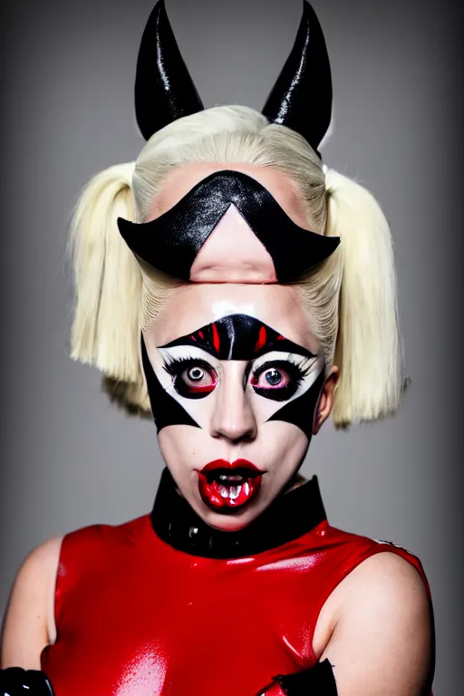 Image similar to scared lady gaga as harley quinn, attacked by teddy bear, luxury materials, symmetrical, cinematic, elegant, professional studio light, real dlsr photography, sharp focus, 4 k, ultra hd, sense of awe, high fashion