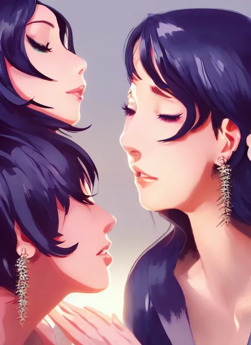 Image similar to two beautiful mothers taunting each other, gorgeous faces, beautiful earrings, smooth, thick lines, cinematic lighting, detailed anime art