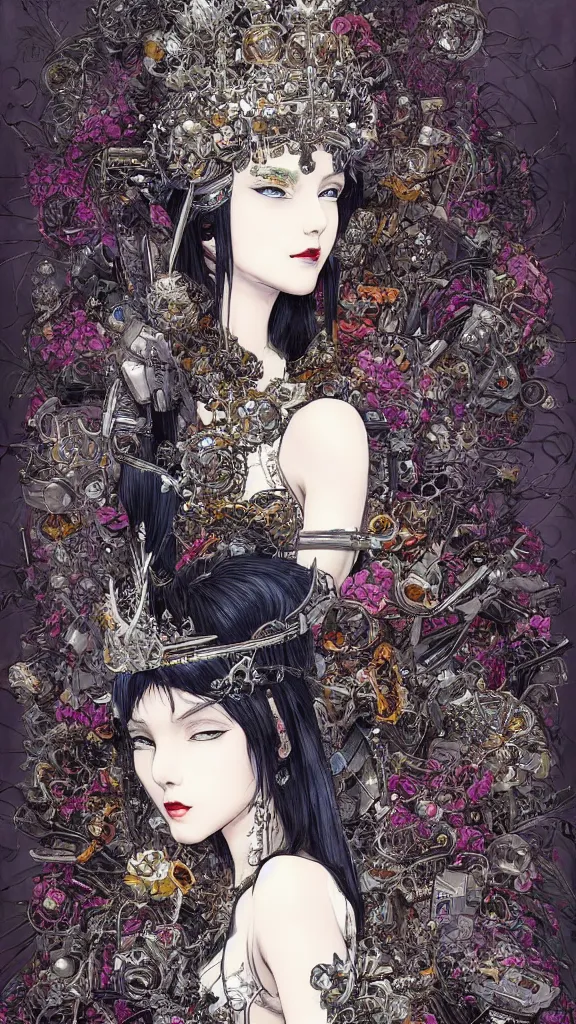 Image similar to cyberpunk fashion a beautiful black haired woman with pale skin and a crown on her head sitted on an intricate metal throne skin wrapped in flowers and wired, vintage style, by yoichi hatakenaka, masamune shirow, josan gonzales and dan mumford, ayami kojima, takato yamamoto, barclay shaw, karol bak, yukito kishiro