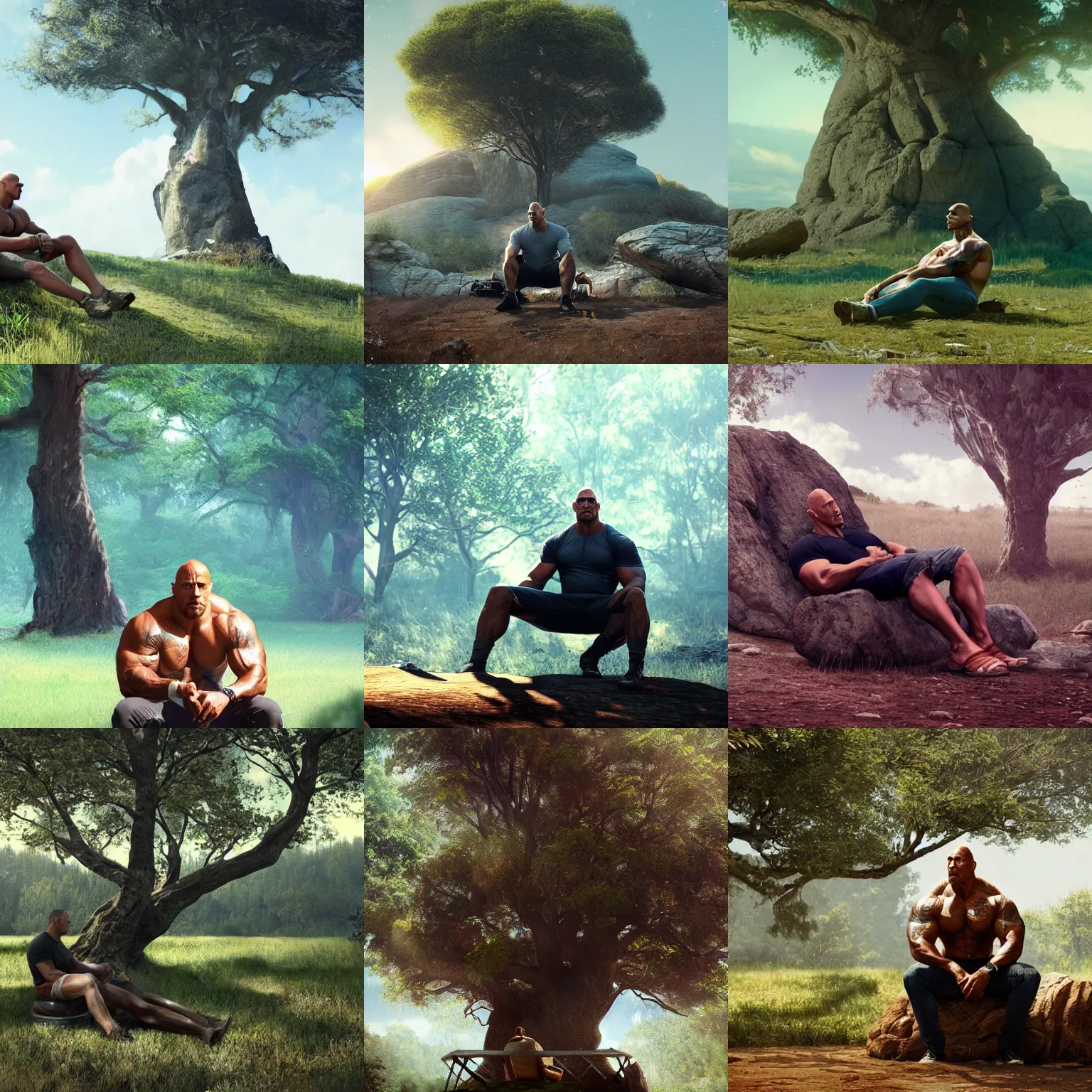 Prompt: photorealistic Dwayne Johnson sitting under a tree, film screenshot, cinestill 800t, trending on artstation, Greg Rutkowski