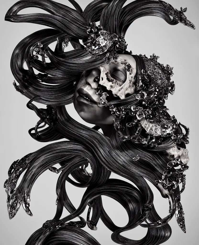 Image similar to goddess princess face close-up portrait ram skull. sculpture made of black and dichroic. jellyfish phoenix head, nautilus, orchid, skull, betta fish, bioluminiscent creatures, intricate artwork by Tooth Wu and wlop and beeple. octane render, trending on artstation, greg rutkowski very coherent symmetrical artwork. cinematic, hyper realism, high detail, octane render, 8k