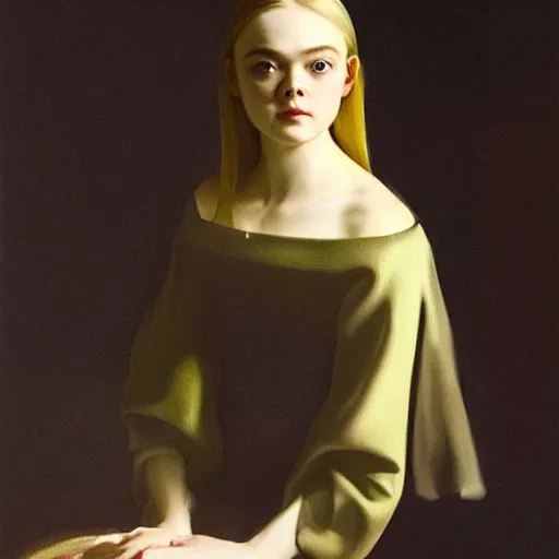 Prompt: a striking hyper real painting of Elle Fanning at night by Johannes Vermeer