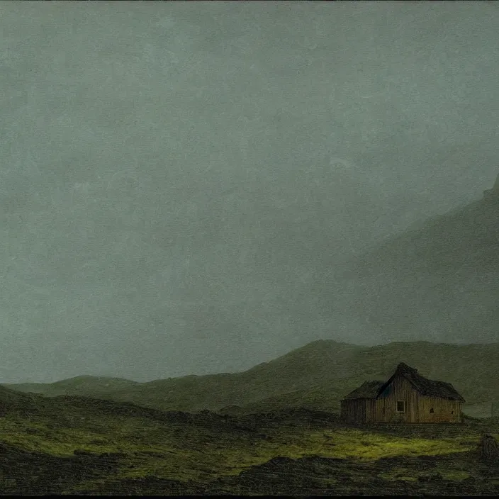 Image similar to painting of a cabin in the moorland by caspar david friedrich, at night, eerie, supernatural